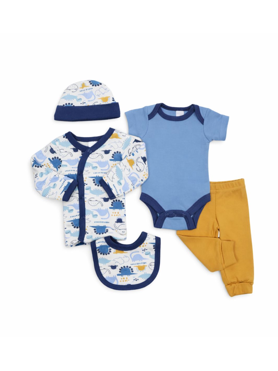 Preemie cotton clothing set Dinosaur Blue & Mustard 5 piece front view