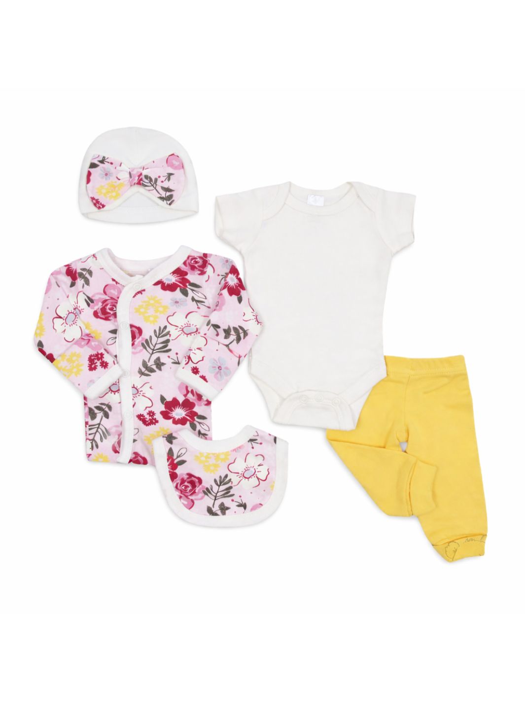 Preemie cotton clothing set Floral 5 piece flat lay view
