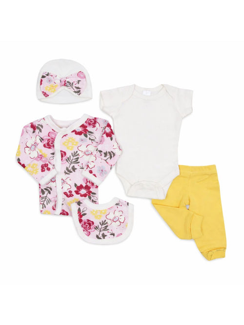 Preemie cotton clothing set Floral 5 piece flat lay view