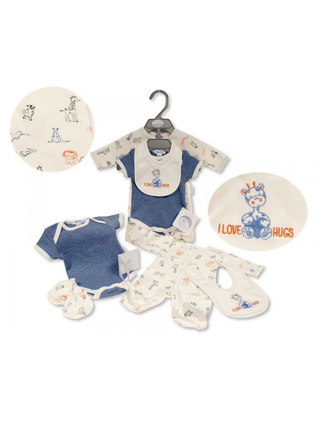 Preemie cotton clothing set I Love Hugs 4 piece flat lay view