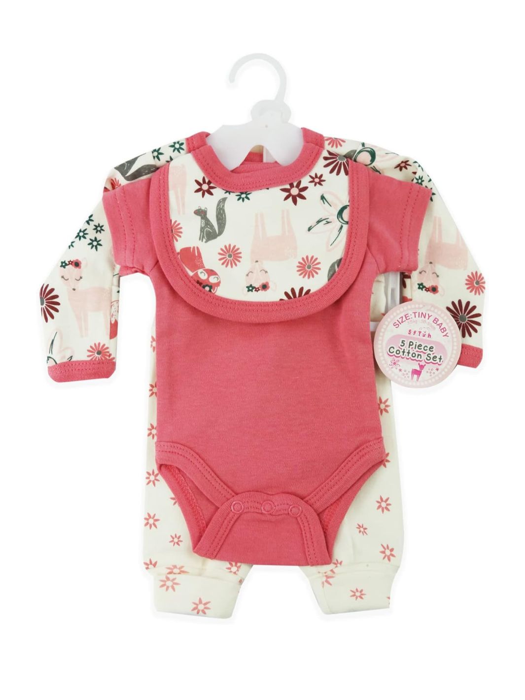 Preemie cotton clothing set Pink Woodland Animals 5 piece front view