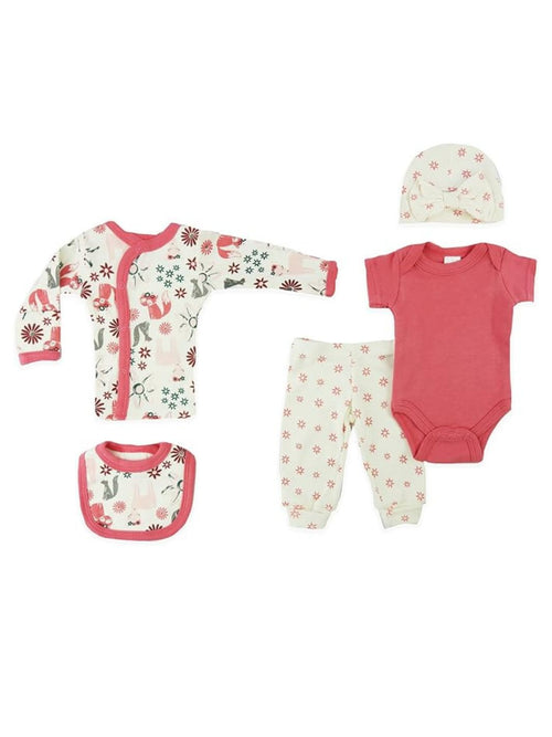Preemie cotton clothing set Pink Woodland Animals 5 piece flat lay view