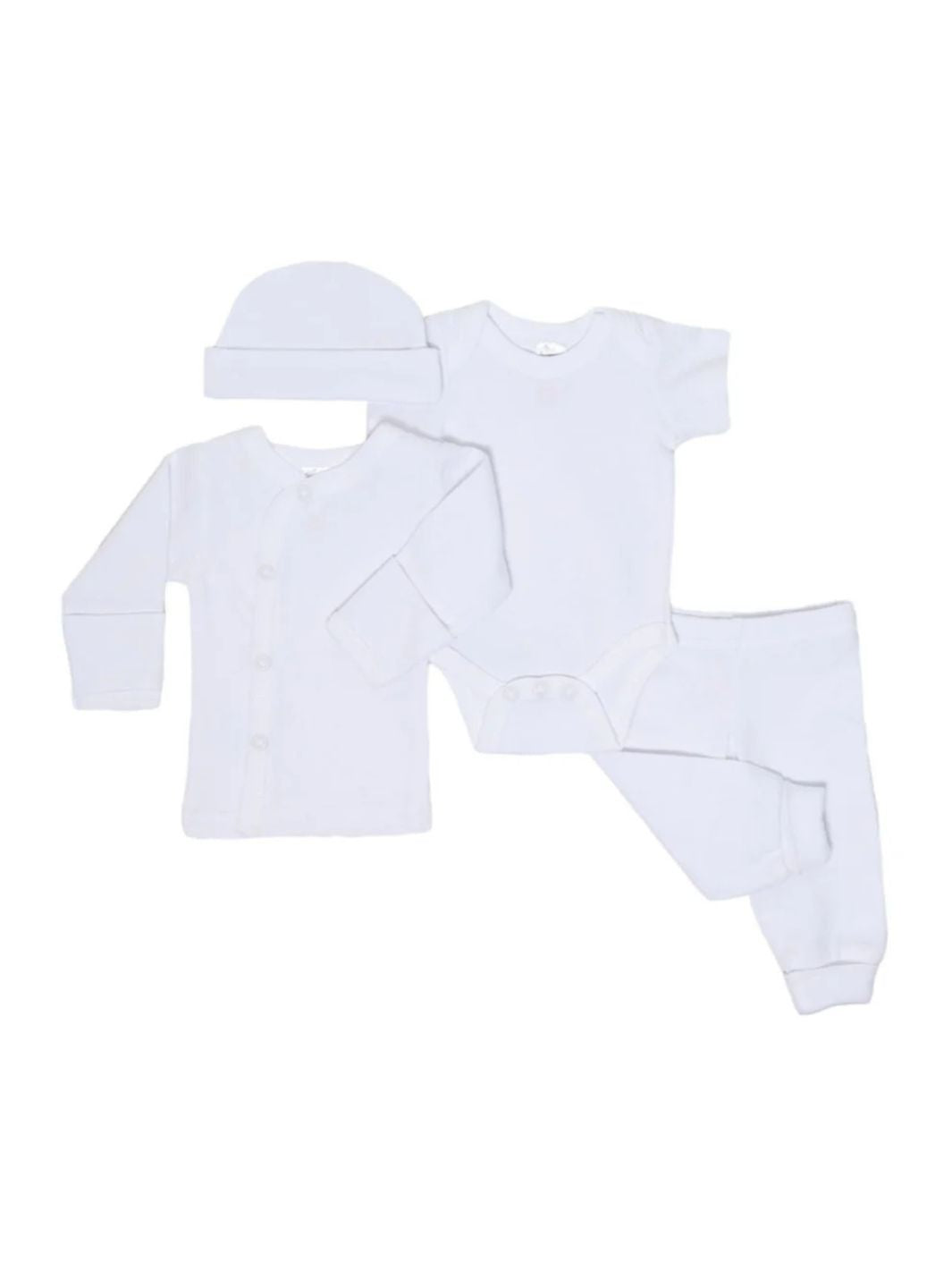 Preemie cotton clothing set White Essentials 4 piece flat lay view
