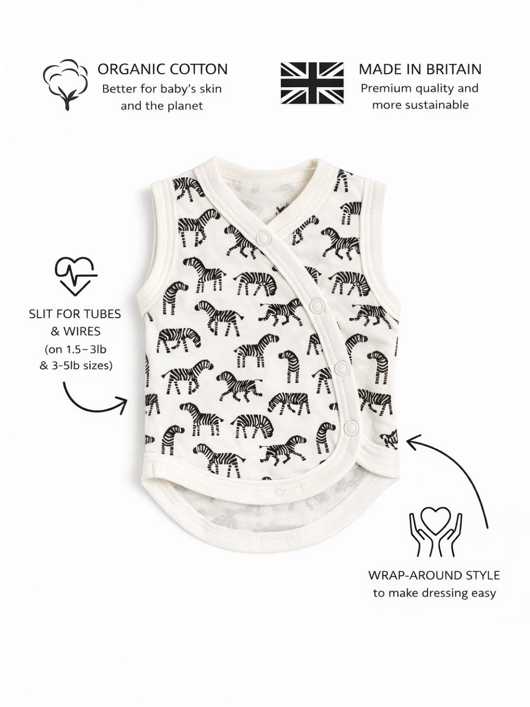 Preemie organic cotton incubator vest Little Zebras features and benefits