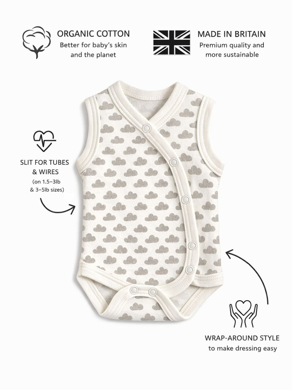 Preemie organic cotton incubator vest Silver Clouds features and benefits