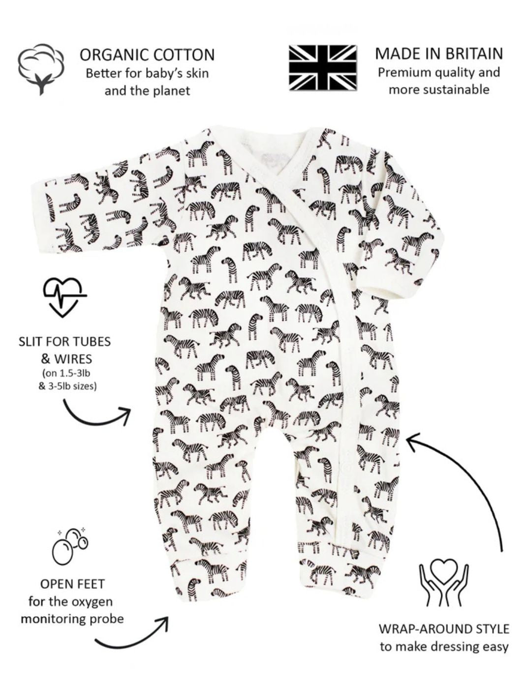Preemie organic cotton sleepsuit Little Zebras features and benefits for premature babies