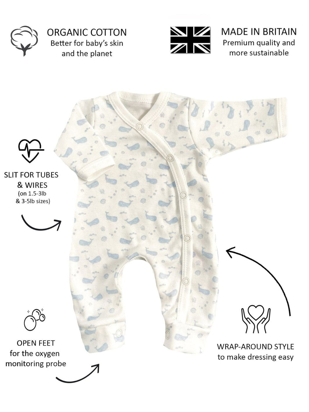 Preemie organic cotton sleepsuit Ocean Blue features and benefits for premature babies
