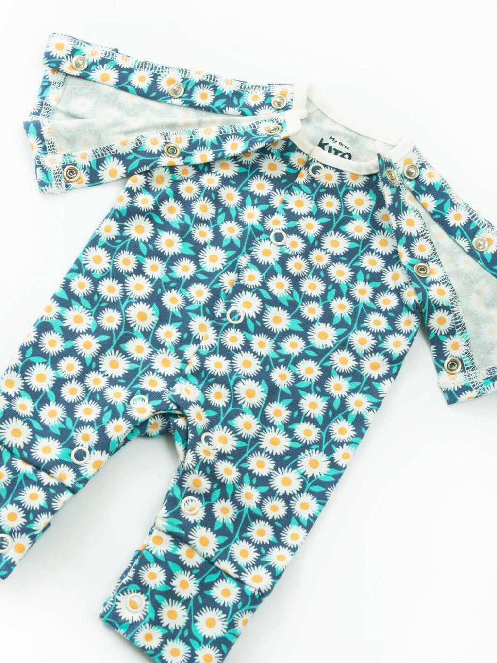 Preemie organic cotton sleepsuit Daisy Fields open front view