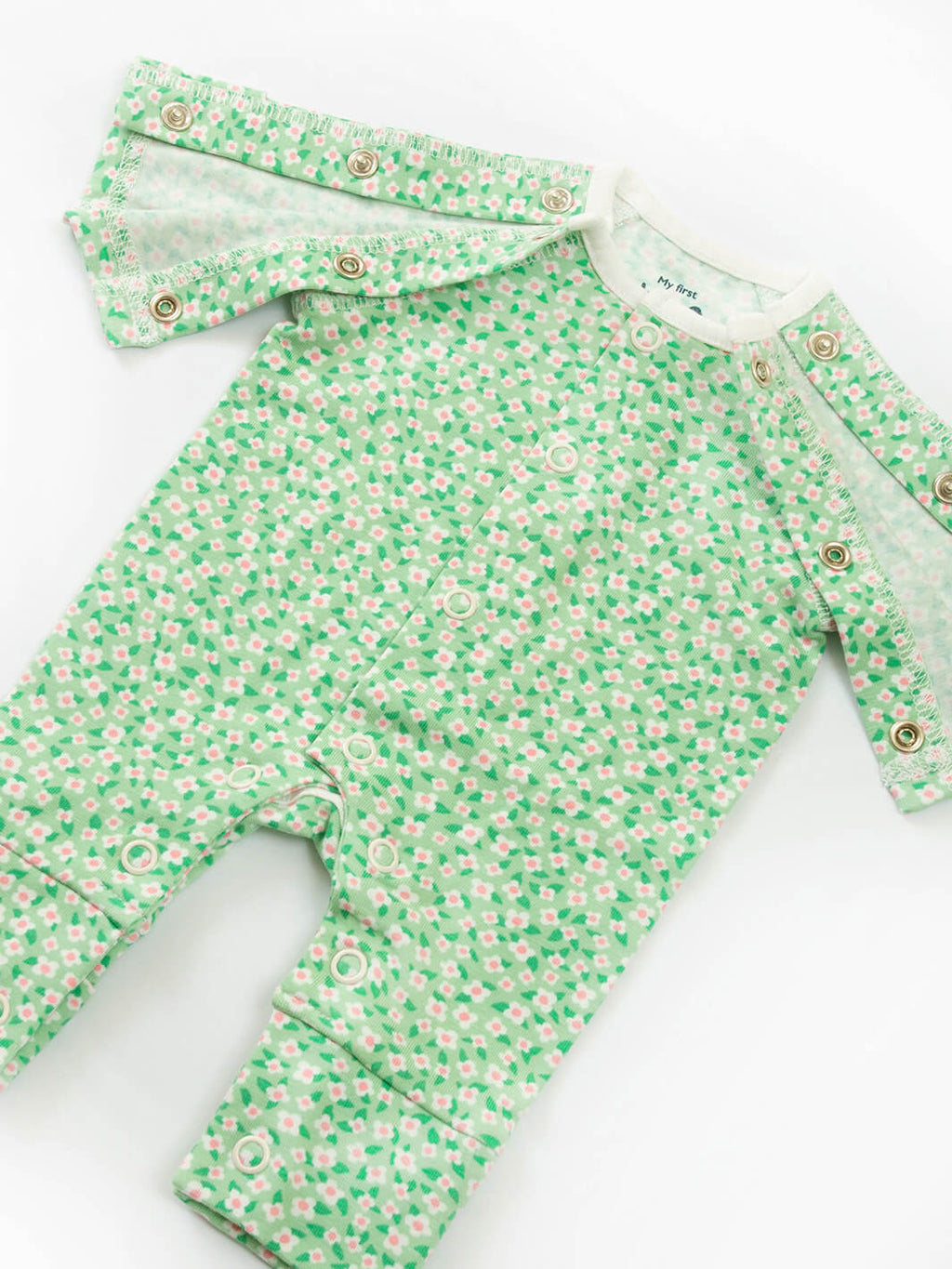 Preemie organic cotton sleepsuit Dinky Ditsy open front view