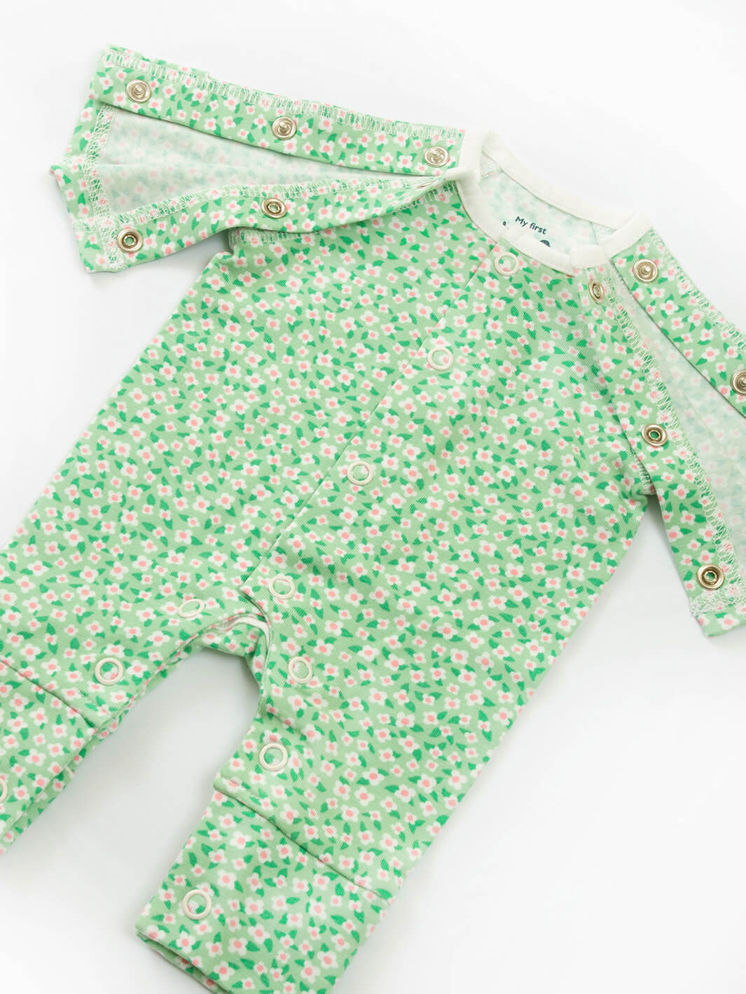 Preemie organic cotton sleepsuit Dinky Ditsy open front view