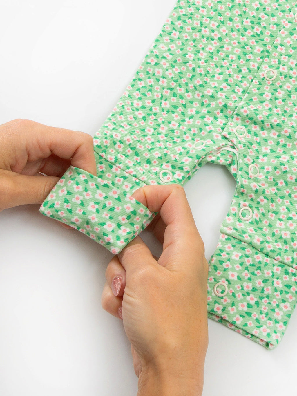 Close-up ankle cuff detail on preemie organic cotton sleepsuit Dinky Ditsy