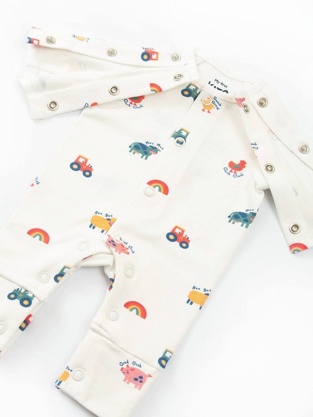 Preemie organic cotton sleepsuit Old MacDonald open front view