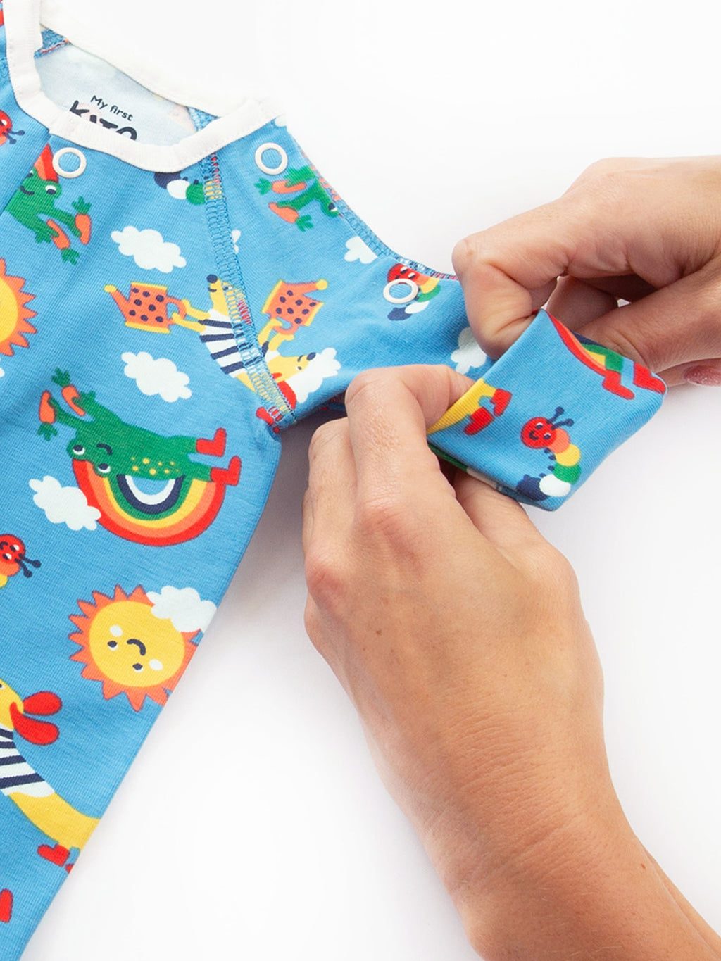 Close-up sleeve cuff detail on preemie organic cotton sleepsuit Planet Pals