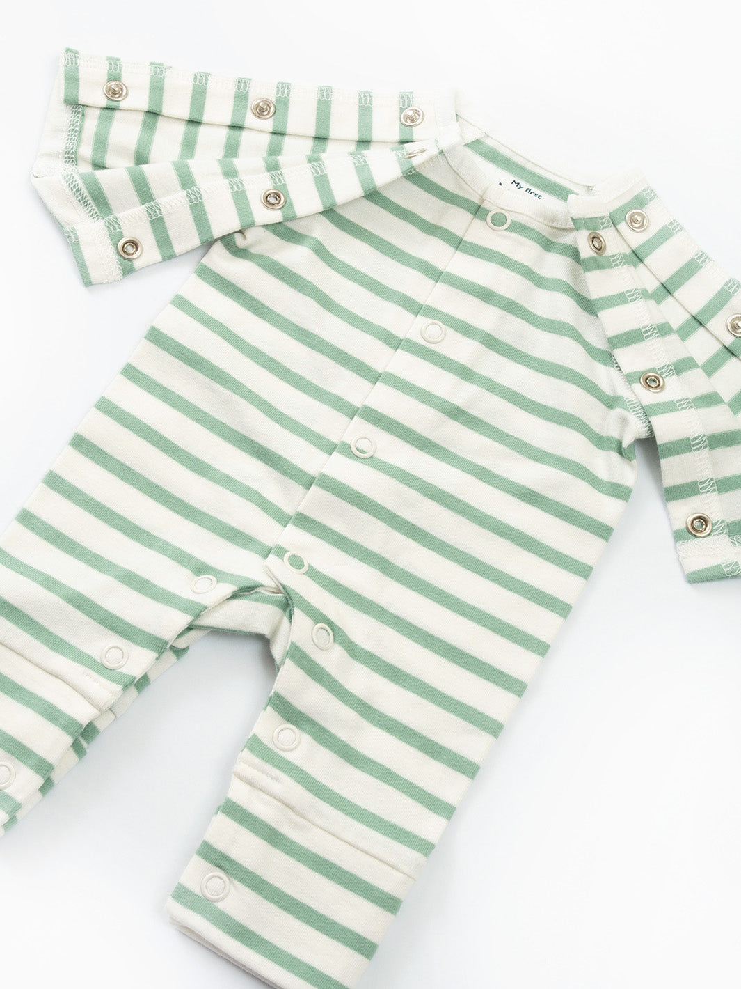 Preemie organic cotton sleepsuit Sage Stripe open front view