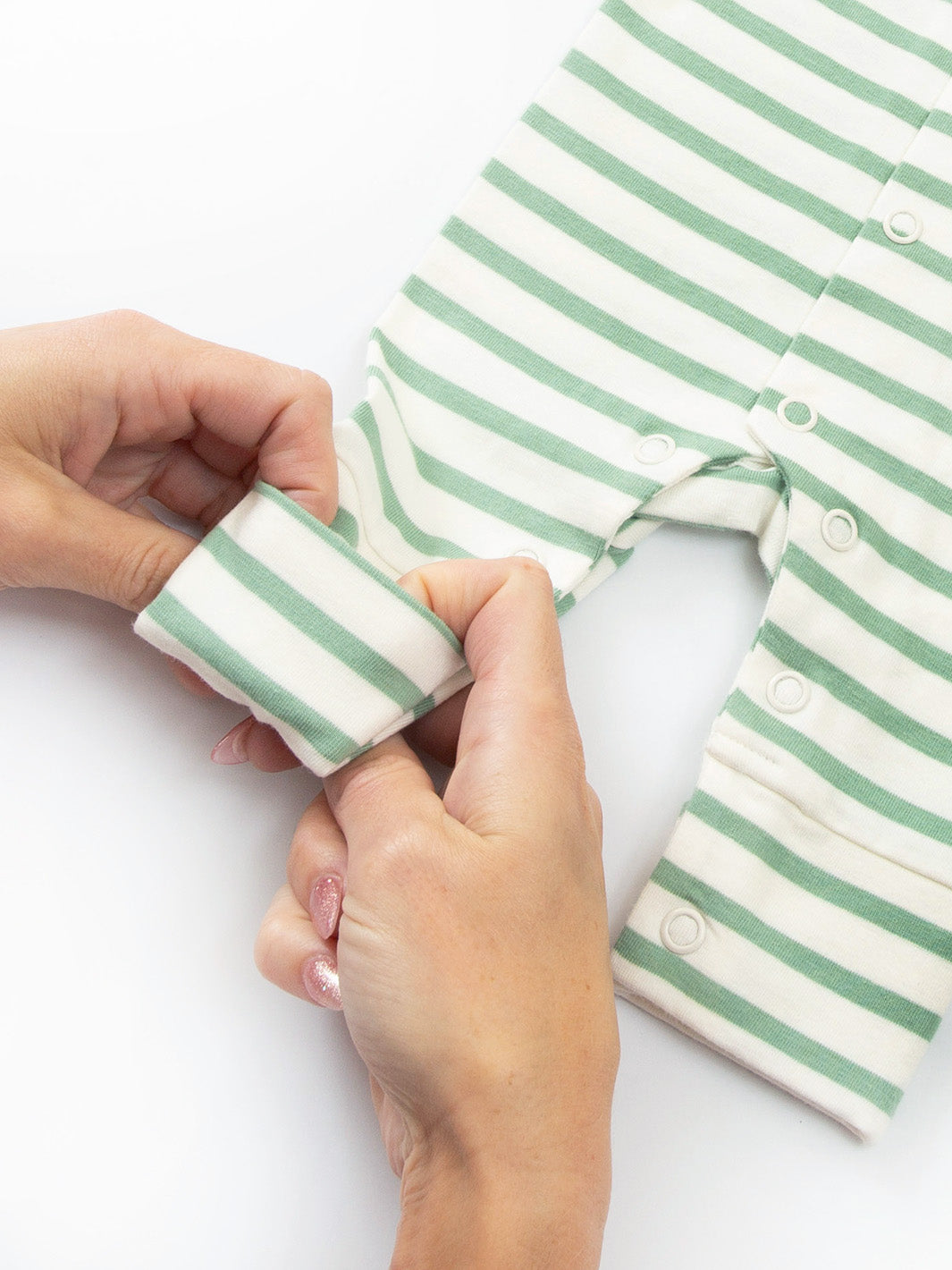 Close-up ankle cuff detail on preemie organic cotton sleepsuit Sage Stripe