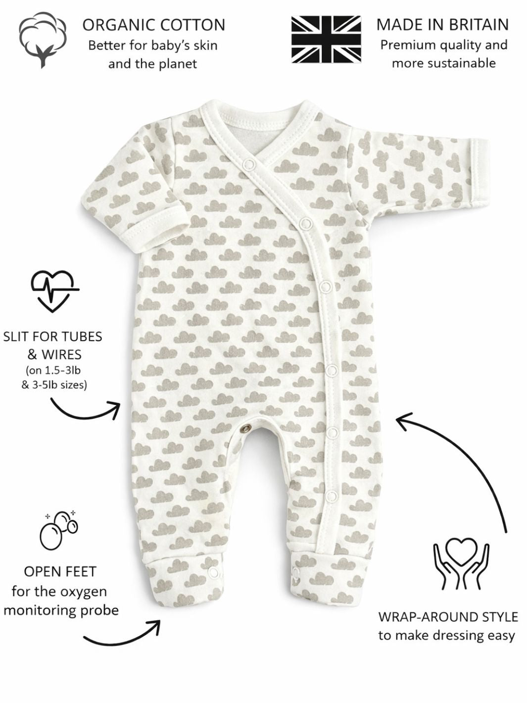 Preemie organic cotton sleepsuit Silver Clouds features and benefits for premature babies