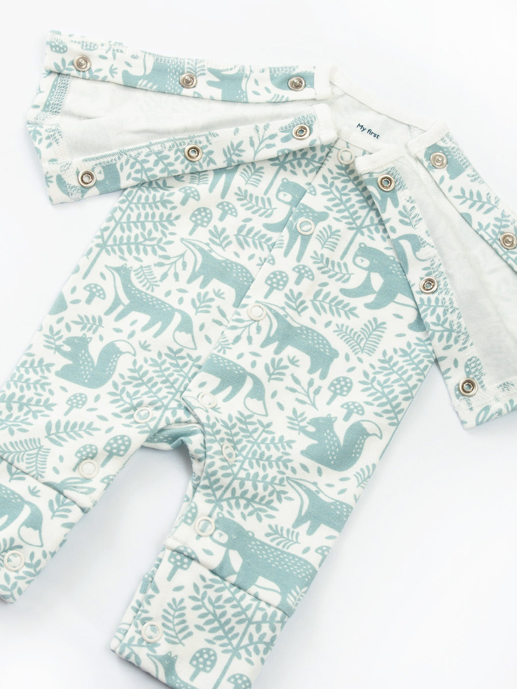 Preemie organic cotton sleepsuit Woodland Walk open front view