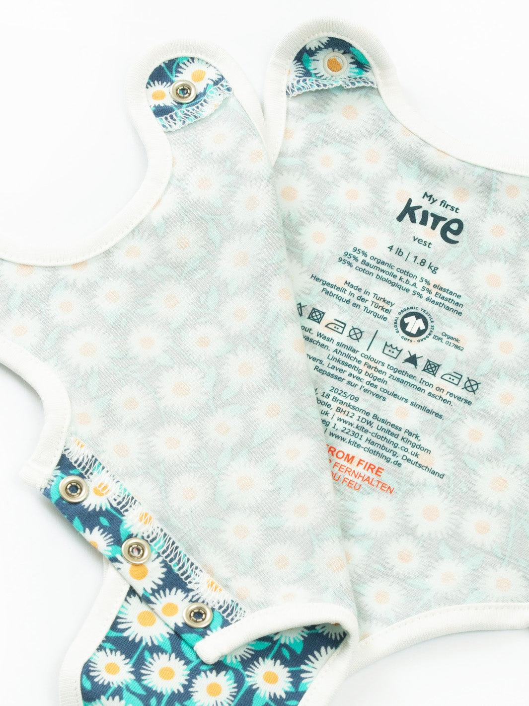Preemie organic cotton vest Daisy Fields open front view