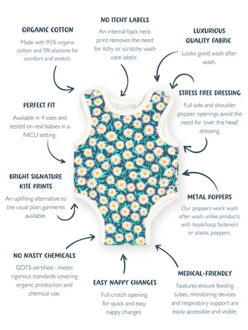 Preemie organic cotton vest Daisy Fields features and benefits overview