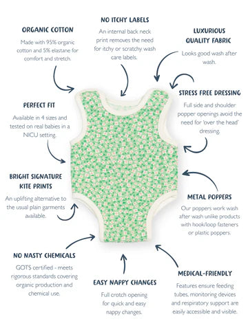 Preemie organic cotton vest Dinky Ditsy features and benefits overview