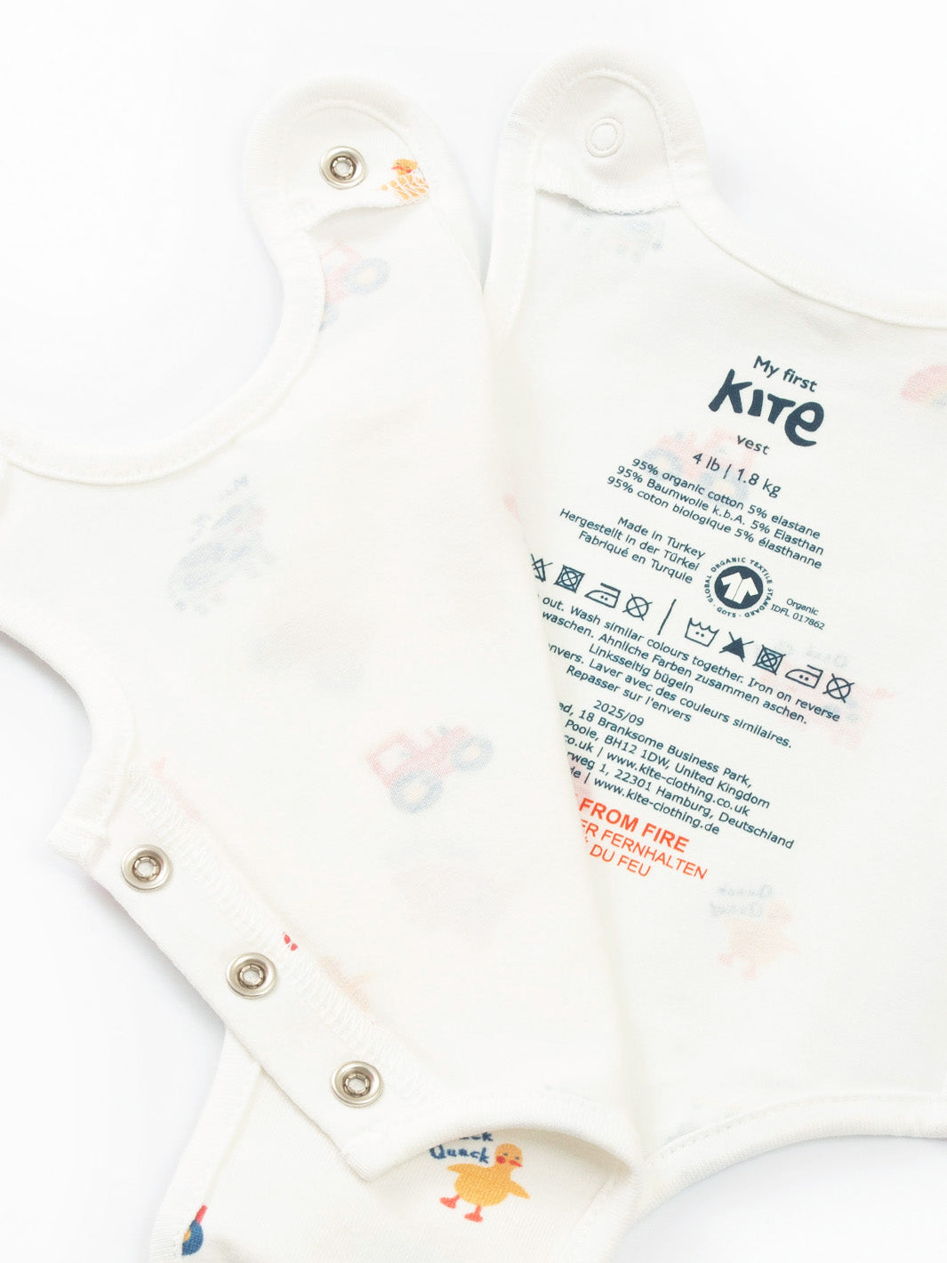 Preemie organic cotton vest Old MacDonald open front view