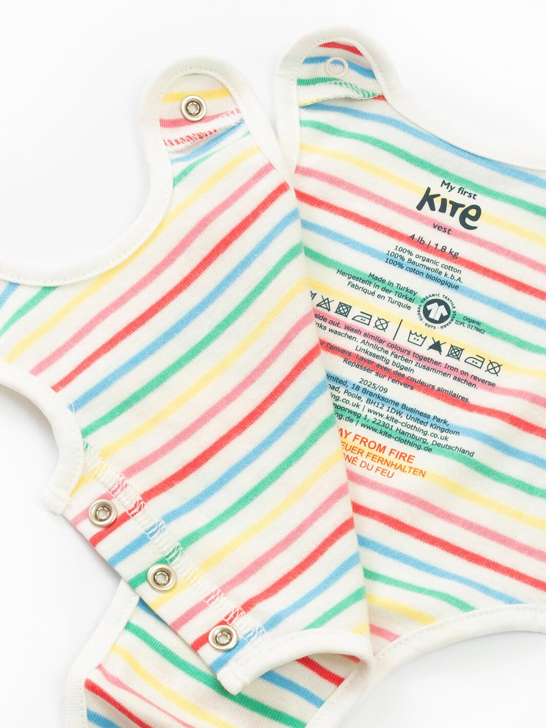 Preemie organic cotton vest Rainbow Stripe open front view