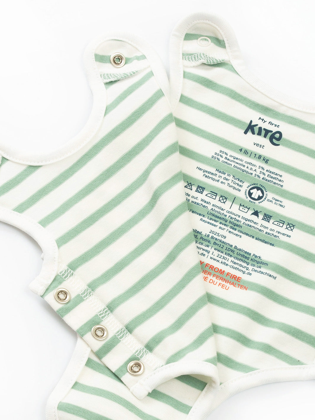 Preemie organic cotton vest Sage Stripe open front view