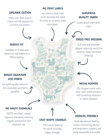 Preemie organic cotton vest Woodland Walk features and benefits overview